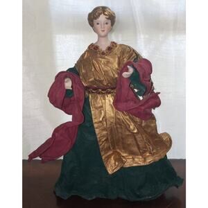 Blonde angel w burgundy, green & gold dress gold wings 11"x 8” X 3”